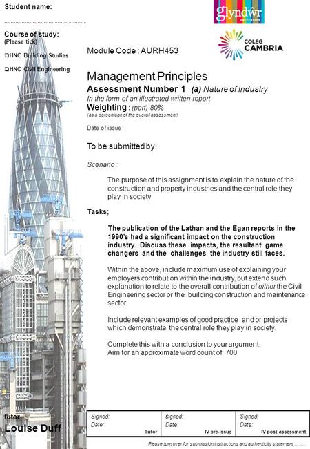 Module Code : AURH453 Management Principles Assessment Number 1 (a) Nature of Industry In the form of an illustrated written report Weighting : (part)