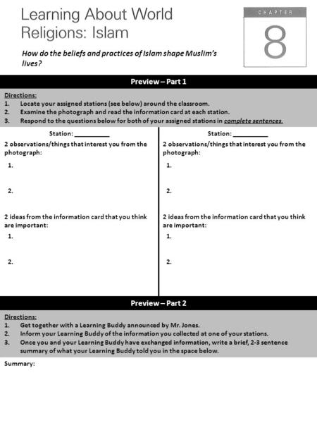 Preview – Part 1 Directions: 1.Locate your assigned stations (see below) around the classroom. 2.Examine the photograph and read the information card at.