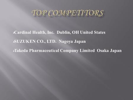  Cardinal Health, Inc. Dublin, OH United States  SUZUKEN CO., LTD. Nagoya Japan  Takeda Pharmaceutical Company Limited Osaka Japan.