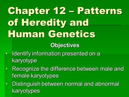 Chapter 12 – Patterns of Heredity and Human Genetics Objectives Identify information presented on a karyotypeIdentify information presented on a karyotype.