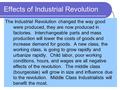 Effects of Industrial Revolution The Industrial Revolution changed the way good were produced, they are now produced in factories. Interchangeable parts.