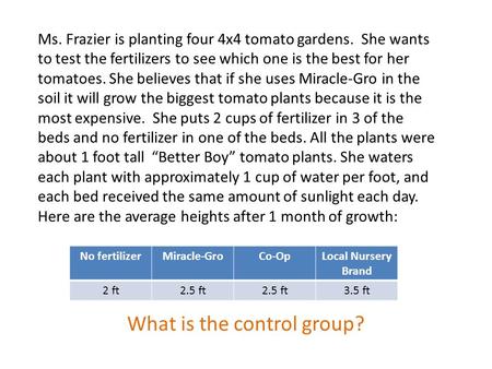 Ms. Frazier is planting four 4x4 tomato gardens. She wants to test the fertilizers to see which one is the best for her tomatoes. She believes that if.