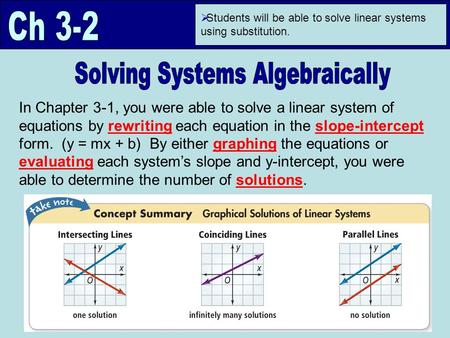  Students will be able to solve linear systems using substitution. In Chapter 3-1, you were able to solve a linear system of equations by rewriting each.