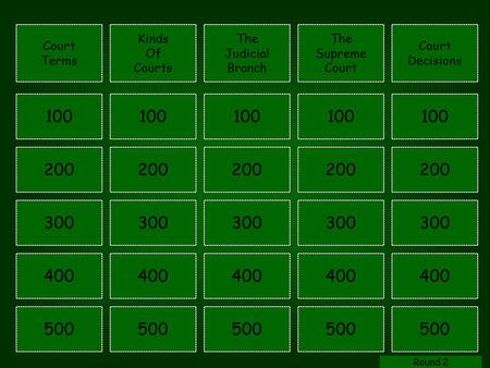 100 The Judicial Branch 200 100 200 300 400 100 200 300 400 500 400 300 200 100 Kinds Of Courts Court Terms The Supreme Court Decisions Round 2.