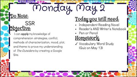 Monday, May 2 Do Now: SSR Homework: ✓ Vocabulary Word Study (Quiz on May 13) Objective: I can apply my knowledge of comprehension strategies, conflict,