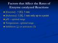 Factors that Affect the Rates of Enzyme catalyzed Reactions [Enzyme] - ↑ [E], ↑ rate [Enzyme] - ↑ [E], ↑ rate [Substrate]- ↑ [S], ↑ rate only up to a point.