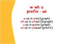 W wh u prefix - un w as in wind (graph) wh as in wheel (digraph) u as in quote (graph) un as in unusual (prefix)