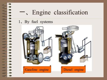 Gasoline engineDiesel engine 一、 Engine classification 1 、 By fuel systems.