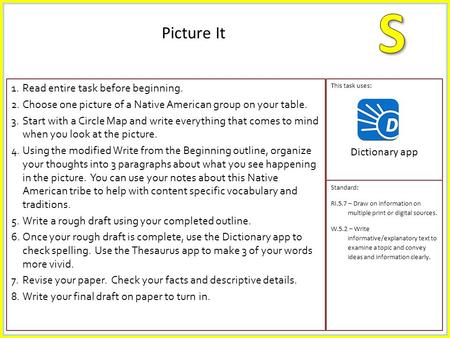 1.Read entire task before beginning. 2.Choose one picture of a Native American group on your table. 3.Start with a Circle Map and write everything that.