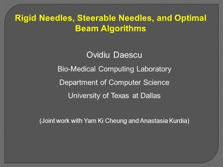 Rigid Needles, Steerable Needles, and Optimal Beam Algorithms Ovidiu Daescu Bio-Medical Computing Laboratory Department of Computer Science University.