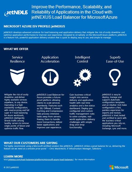 Improve the Performance, Scalability, and Reliability of Applications in the Cloud with jetNEXUS Load Balancer for Microsoft Azure MICROSOFT AZURE ISV.