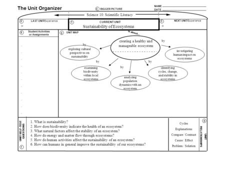 NAME DATE The Unit Organizer BIGGER PICTURE LAST UNIT/Experience CURRENT UNIT NEXT UNIT/Experience UNIT SELF-TEST QUESTIONS is about... UNIT RELATIONSHIPS.