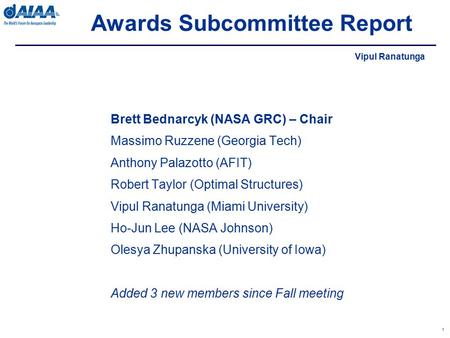 Awards Subcommittee Report 1 Brett Bednarcyk (NASA GRC) – Chair Massimo Ruzzene (Georgia Tech) Anthony Palazotto (AFIT) Robert Taylor (Optimal Structures)