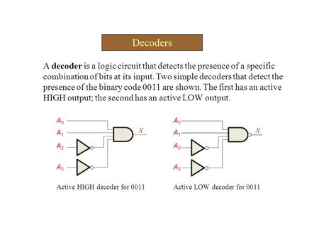 Decoders A decoder is a logic circuit that detects the presence of a specific combination of bits at its input. Two simple decoders that detect the presence.