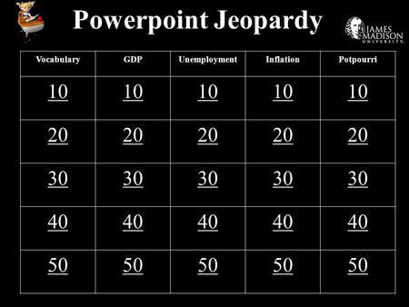 Powerpoint Jeopardy VocabularyGDPUnemploymentInflationPotpourri 10 20 30 40 50.