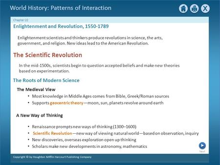 Next Chapter 22 Copyright © by Houghton Mifflin Harcourt Publishing Company World History: Patterns of Interaction Enlightenment and Revolution, 1550-1789.