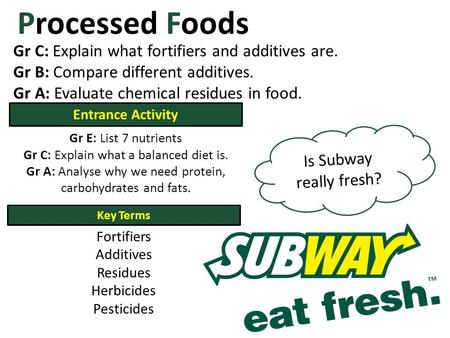 Processed Foods Gr C: Explain what fortifiers and additives are. Gr B: Compare different additives. Gr A: Evaluate chemical residues in food. Entrance.