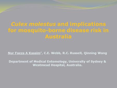 Nur Faeza A Kassim *, C.E. Webb, R.C. Russell, Qinning Wang Department of Medical Entomology, University of Sydney & Westmead Hospital, Australia. Culex.