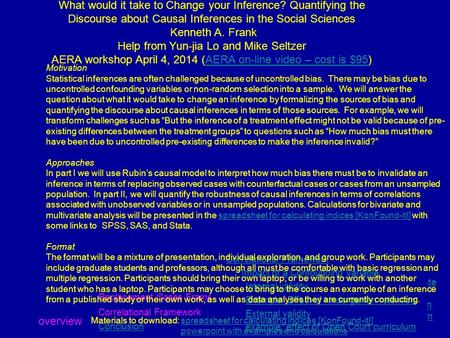 Replacement Cases Framework Conclusion Correlational Framework overview Thresholds for inference and % bias to invalidate The counterfactual paradigm Internal.