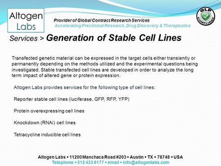 Provider of Global Contract Research Services Accelerating Preclinical Research, Drug Discovery & Therapeutics Services > Generation of Stable Cell Lines.