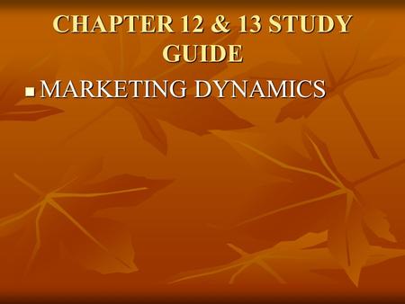 CHAPTER 12 & 13 STUDY GUIDE MARKETING DYNAMICS MARKETING DYNAMICS.