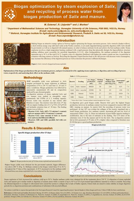 BMP mesophilic trials were performed to Salix samples pre-treated by steam explosion at different temperatures (170 to 230 °C) and time (5, 10 and 15 mins.)