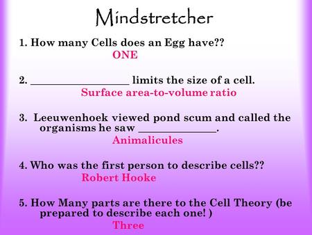 Mindstretcher 1. How many Cells does an Egg have?? ONE 2. ___________________ limits the size of a cell. Surface area-to-volume ratio 3. Leeuwenhoek viewed.