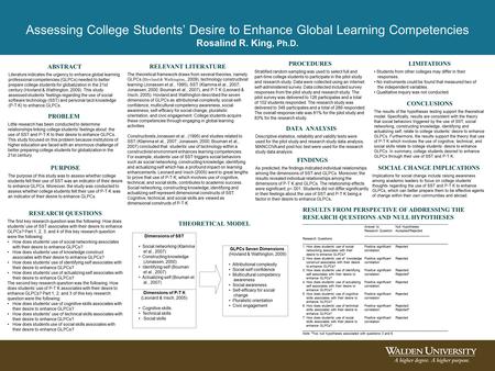 Assessing College Students’ Desire to Enhance Global Learning Competencies Rosalind R. King, Ph.D. ABSTRACT Literature indicates the urgency to enhance.