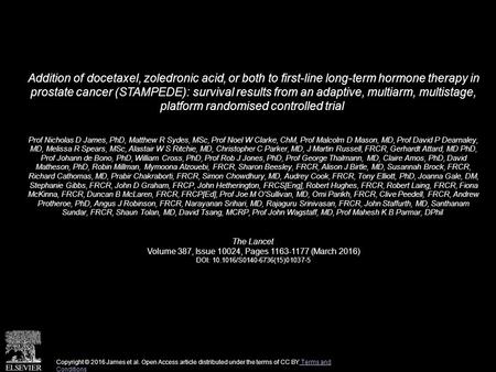 Addition of docetaxel, zoledronic acid, or both to first-line long-term hormone therapy in prostate cancer (STAMPEDE): survival results from an adaptive,