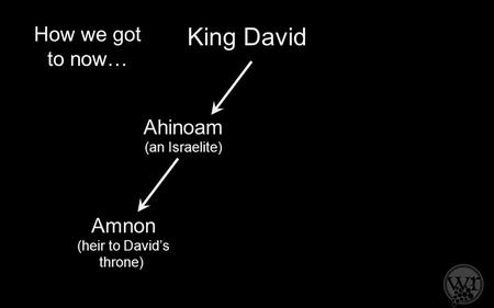 King David Ahinoam (an Israelite) Amnon (heir to David’s throne) Tamar (foreigner) How we got to now…