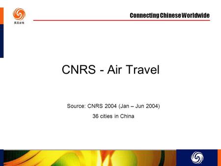 Connecting Chinese Worldwide CNRS - Air Travel Source: CNRS 2004 (Jan – Jun 2004) 36 cities in China.