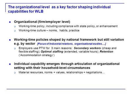 The organizational level as a key factor shaping individual capabilities for WLB Organizational (firm/employer level)  Working-time policy, including.