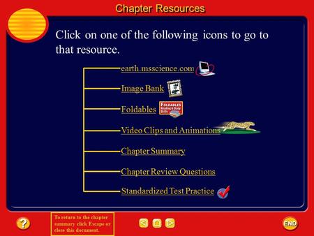 To return to the chapter summary click Escape or close this document. Chapter Resources Click on one of the following icons to go to that resource. earth.msscience.com.