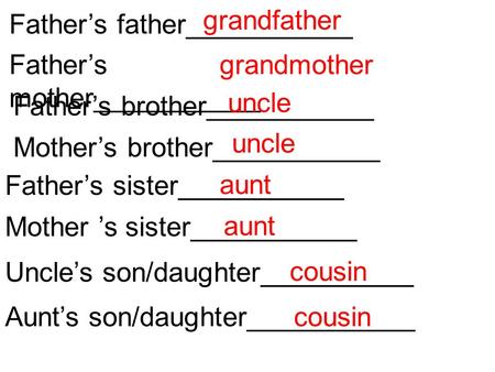 Father’s father___________ Father’s mother___________ Father’s brother___________ Mother’s brother___________ Father’s sister___________ Mother ’s sister___________.