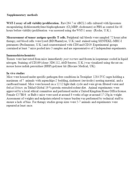 Supplementary methods WST-1 assay of cell viability/proliferation. Raw264.7 or πBCL1 cells cultured with liposomes encapsulating dichloromethylene-bisphosphonate.