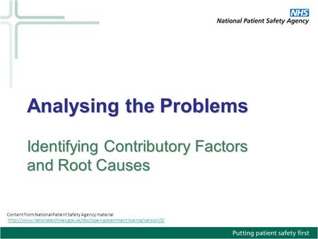 Content from National Patient Safety Agency material  Analysing the Problems Identifying.