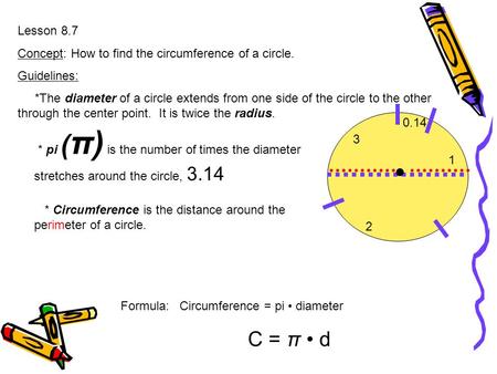 Lesson 8.7 Concept: How to find the circumference of a circle. Guidelines: *The diameter of a circle extends from one side of the circle to the other.