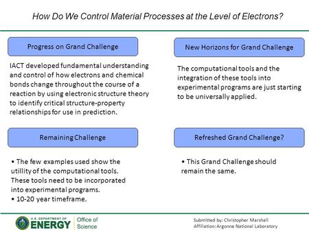 How Do We Control Material Processes at the Level of Electrons? Progress on Grand Challenge New Horizons for Grand Challenge Remaining ChallengeRefreshed.