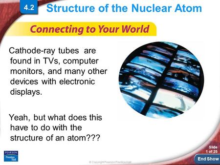 End Show © Copyright Pearson Prentice Hall Slide 1 of 25 Structure of the Nuclear Atom Cathode-ray tubes are found in TVs, computer monitors, and many.