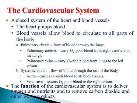 The Cardiovascular System  A closed system of the heart and blood vessels The heart pumps blood Blood vessels allow blood to circulate to all parts of.