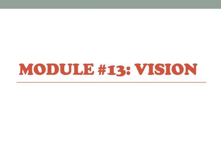 MODULE #13: VISION. Vision Transduction: transformation of stimulus energy (light, sound, smells, etc.) to neural impulses our brains can interpret. Our.