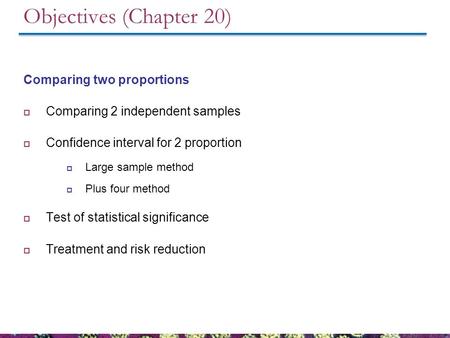 Objectives (Chapter 20) Comparing two proportions  Comparing 2 independent samples  Confidence interval for 2 proportion  Large sample method  Plus.