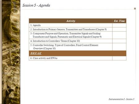 Instrumentation I - Session 5 Session 5 - Agenda ActivityEst. Time 1. Agenda 2. Introduction to Primary Sensors, Transmitters and Transducers (Chapter.