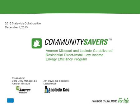 2015 Statewide Collaborative December 1, 2015 Ameren Missouri and Laclede Co-delivered Residential Direct-Install Low Income Energy Efficiency Program.