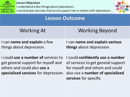 Lesson Objectives I understand a few things about depression. I could access services that could support me or others with depression. Lesson Outcome Working.