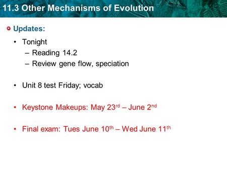 11.3 Other Mechanisms of Evolution Updates: Tonight –Reading 14.2 –Review gene flow, speciation Unit 8 test Friday; vocab Keystone Makeups: May 23 rd –