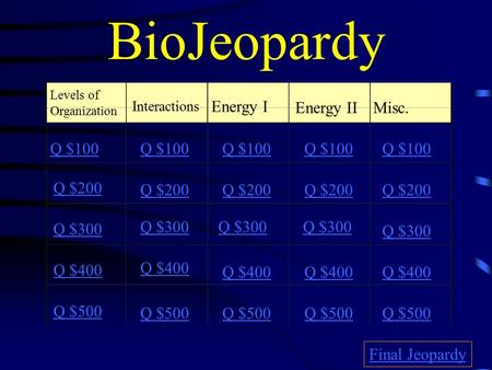 BioJeopardy Levels of Organization Interactions Energy I Energy IIMisc. Q $100 Q $200 Q $300 Q $400 Q $500 Q $100 Q $200 Q $300 Q $400 Q $500 Final Jeopardy.