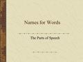 Names for Words The Parts of Speech. Names for Words: Parts of Speech No matter what, words must be put together That makes a sentence Nothing is possible.