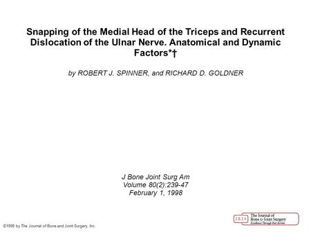 Snapping of the Medial Head of the Triceps and Recurrent Dislocation of the Ulnar Nerve. Anatomical and Dynamic Factors*† by ROBERT J. SPINNER, and RICHARD.