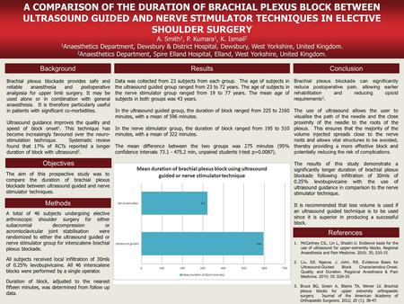 A COMPARISON OF THE DURATION OF BRACHIAL PLEXUS BLOCK BETWEEN ULTRASOUND GUIDED AND NERVE STIMULATOR TECHNIQUES IN ELECTIVE SHOULDER SURGERY A. Smith 1,